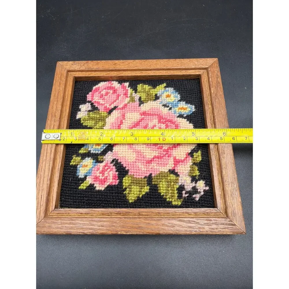 Vintage Framed Pink Rose Needlepoint Floral Wall Art Black Background 6.25”